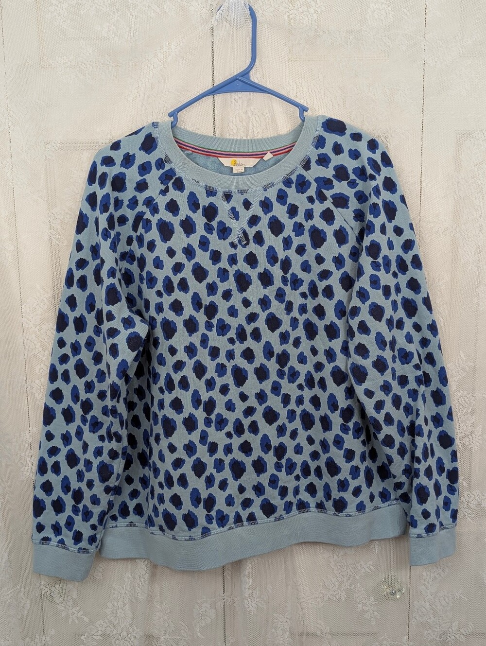 Boden: Blue Leopard-Print Crewneck Sweatshirt - Size Large